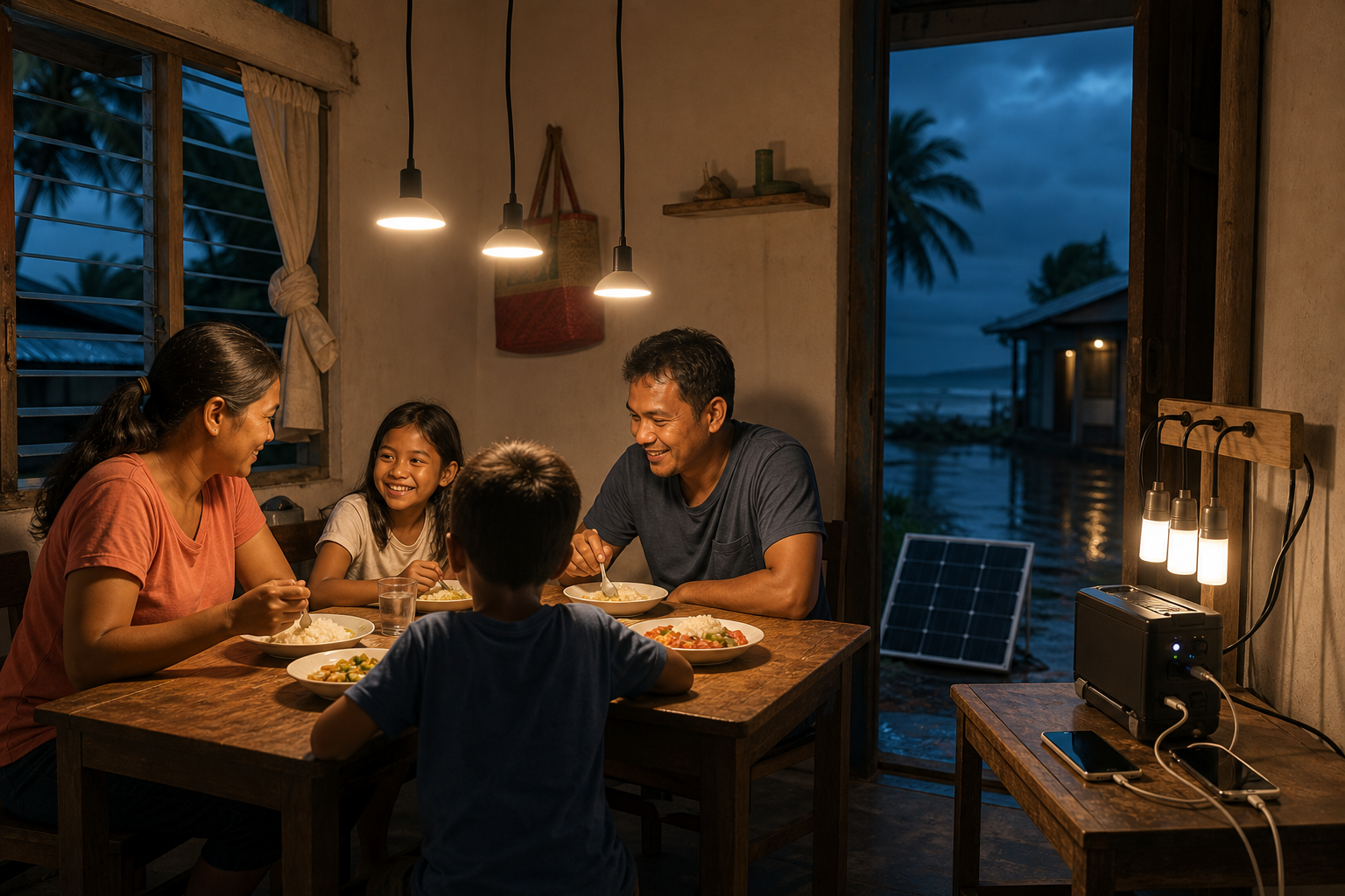 A family using simple solar lighting during a coastal power outage